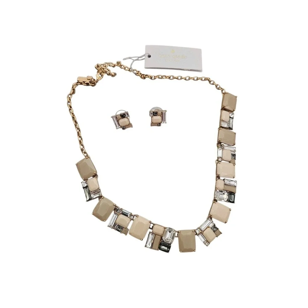 Kate Spade Necklace Earring Set Emerald Cut Blush Neapolitan Bib Statement NEW ~